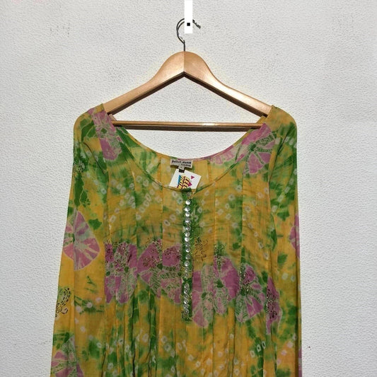 Vintage 1970s Juliet Dunn Hippie Dress Green Floral Tie Dye
