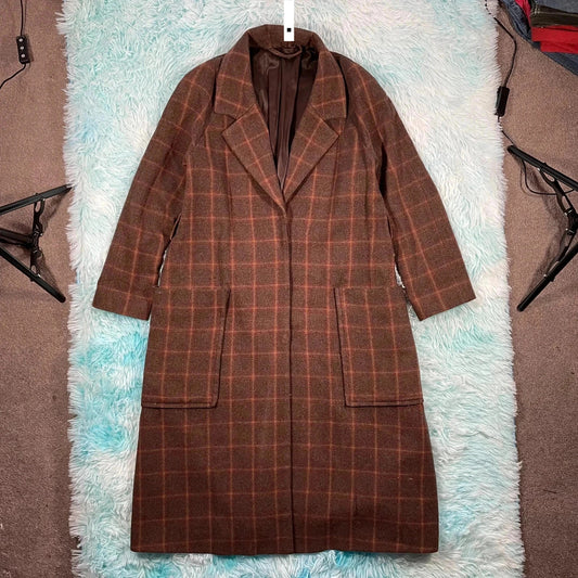 Brown Chequered Paris Atelier Wool Long Coat - Size 6