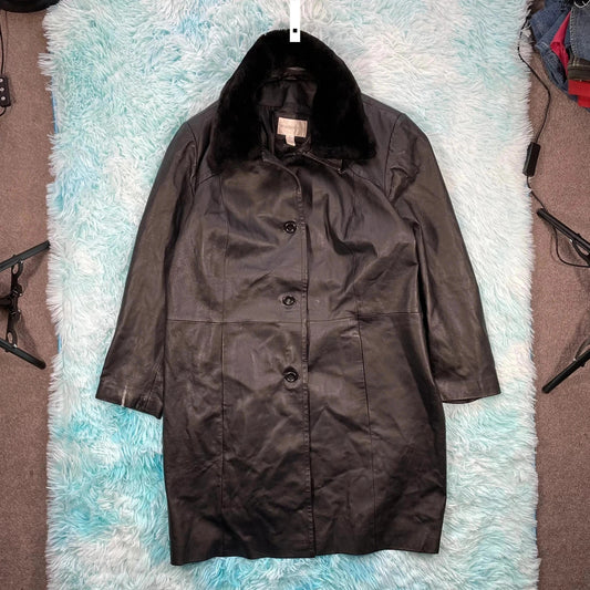 Vintage 90s Black Leather Long Coat Jacket - Women’s XXL