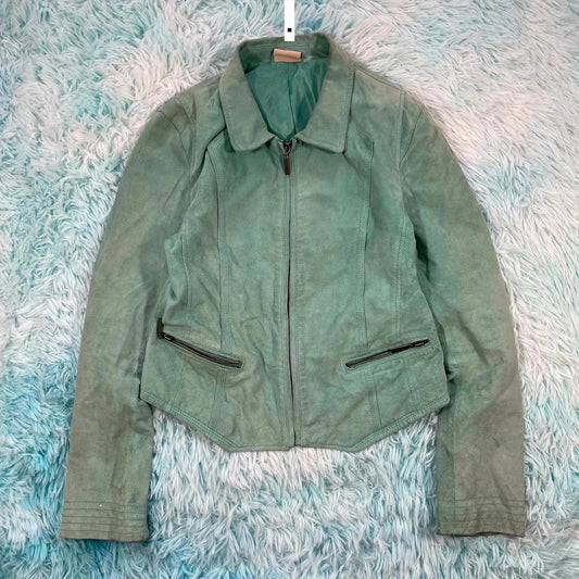 Vintage Y2K Mint Green Suede Leather Jacket - Womens Small