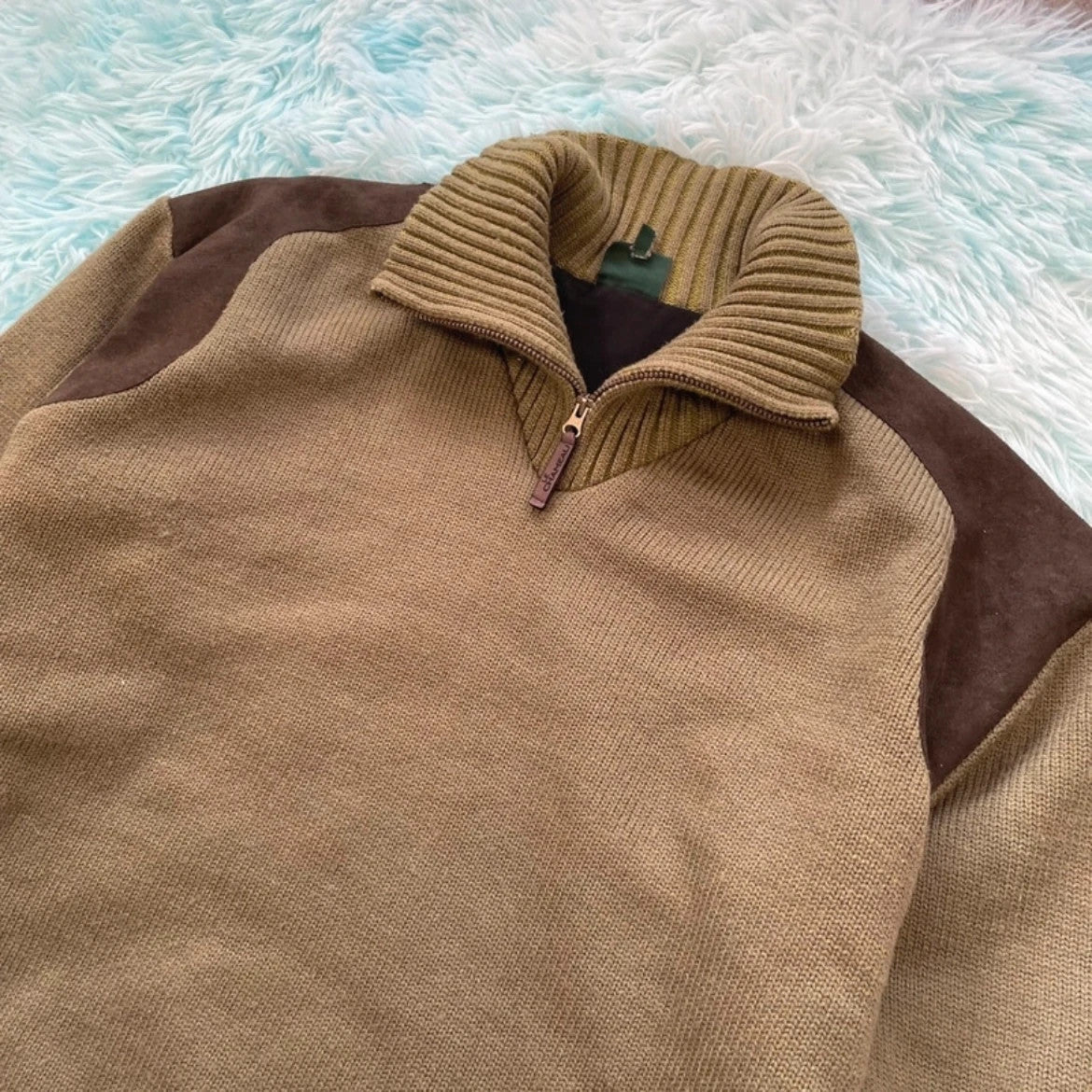 Vintage Khaki Le Chameau 1/4 Zip Knitted Jumper - Large