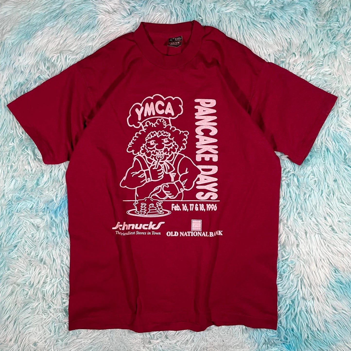 Vintage 90s Maroon Pancake Day YMCA Graphic T Shirt - Large
