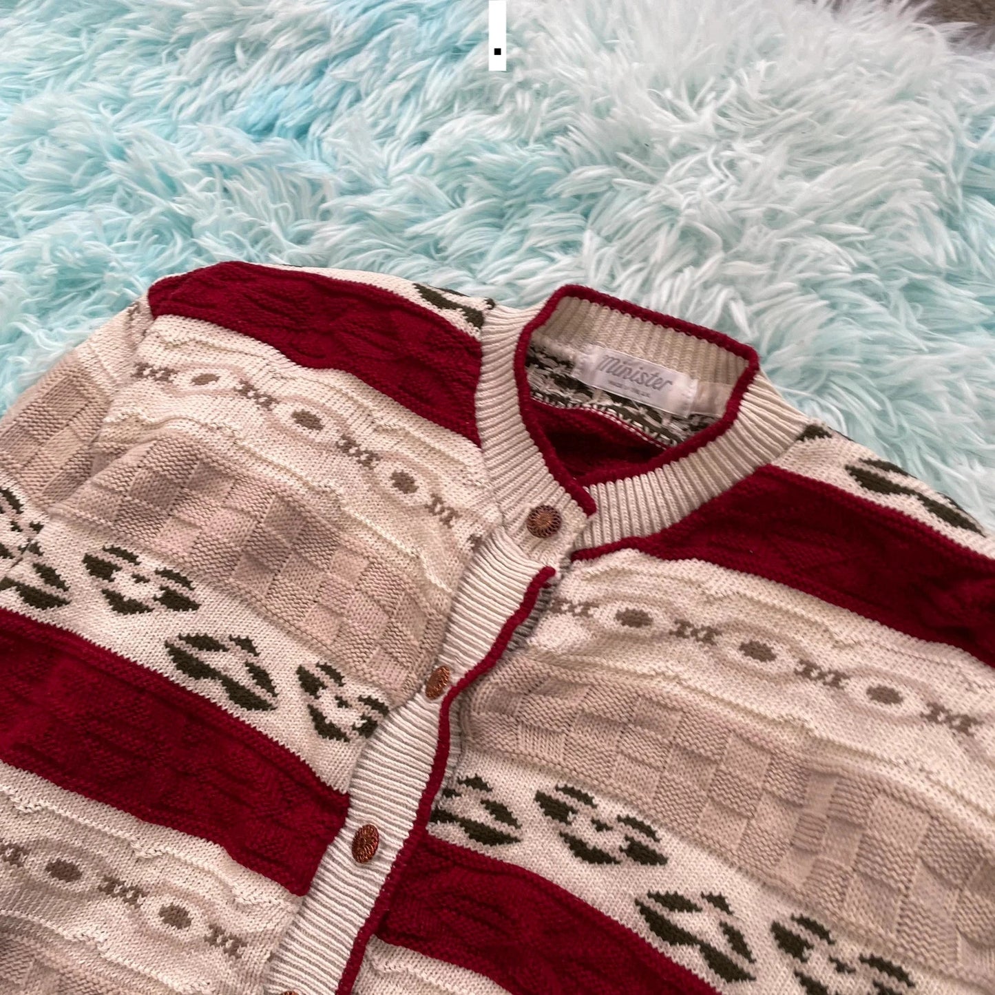 Vintage 90s Cream & Red Knitted Cardigan - Medium