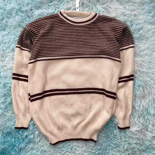 Vintage 90s Cream & Brown Chunky Knitted Jumper - Small