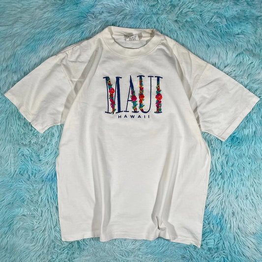 Vintage 90s White Maui Embroidered T Shirt - Large