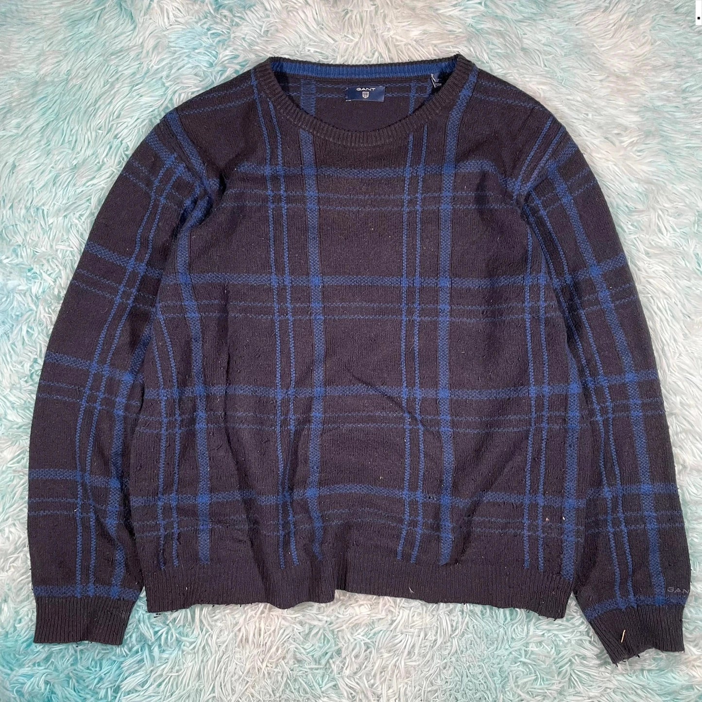 Black & Blue Checked Gant Knitted Jumper - XL