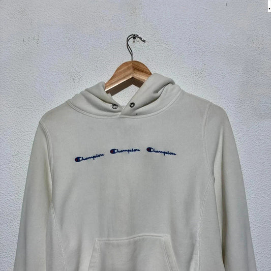 Vintage White Champion Hoodie Triple Spellout Reverse Weave - Small