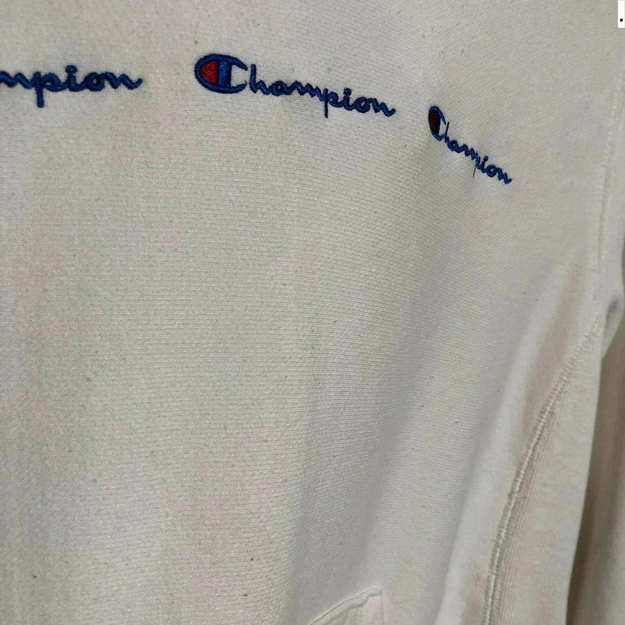 Vintage White Champion Hoodie Triple Spellout Reverse Weave - Small
