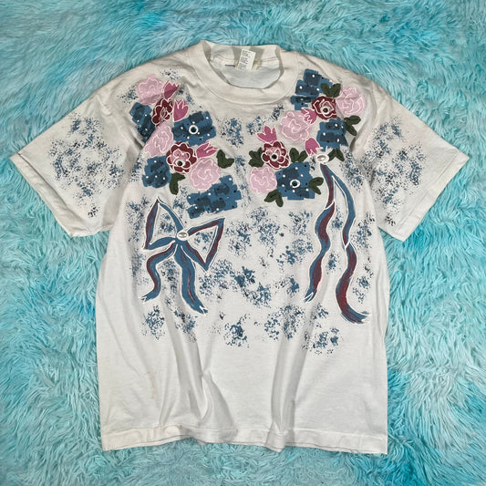 Vintage 90s White Floral Graphic T Shirt - Large