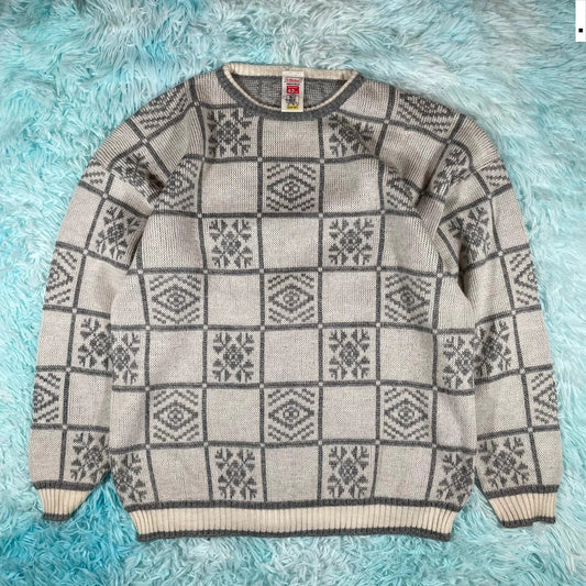 Vintage 90s Grey & Cream Grunge Patterned Knitted Jumper - Large