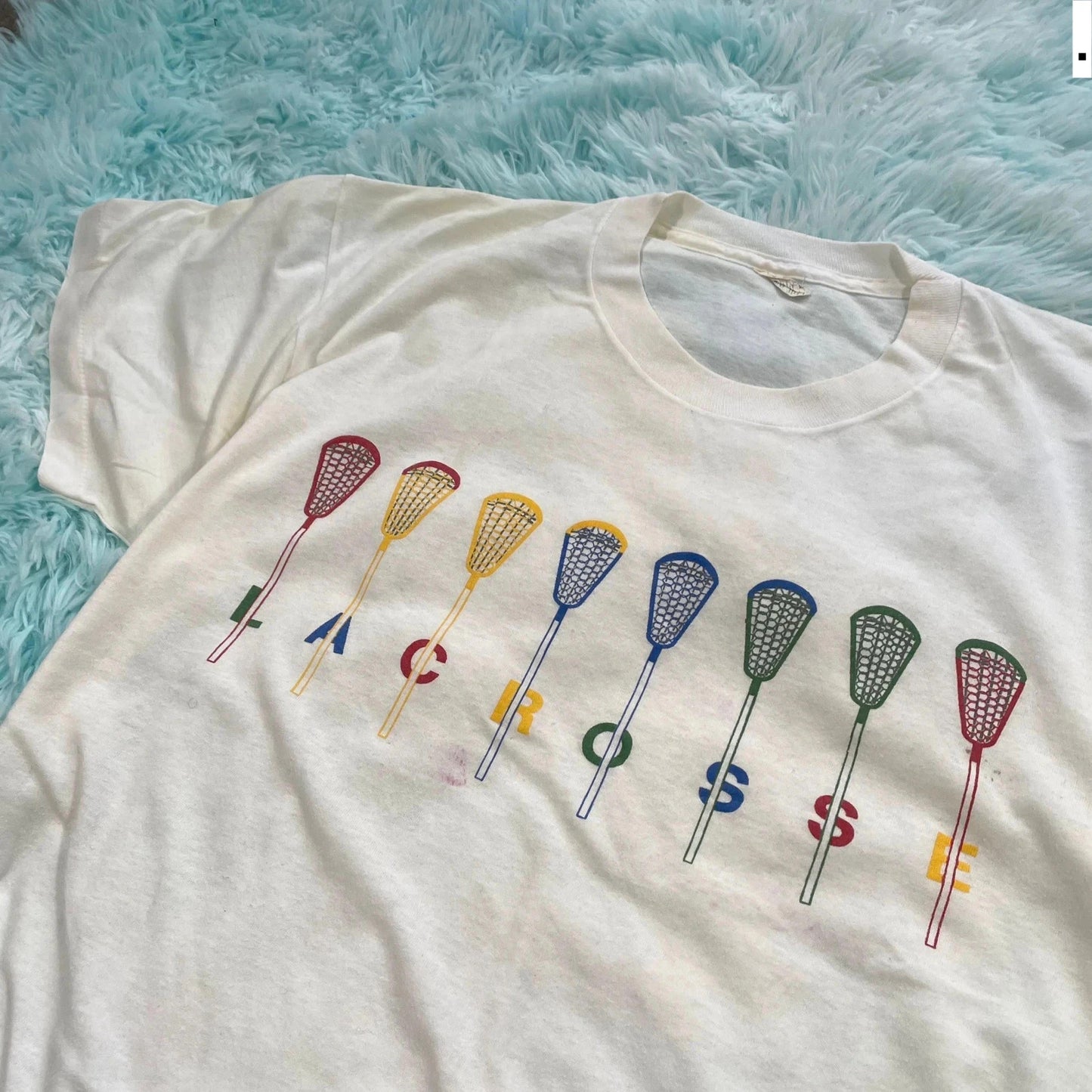 Vintage 80s White lacrosse Print T Shirt - Large