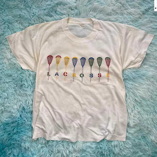 Vintage 80s White lacrosse Print T Shirt - Large
