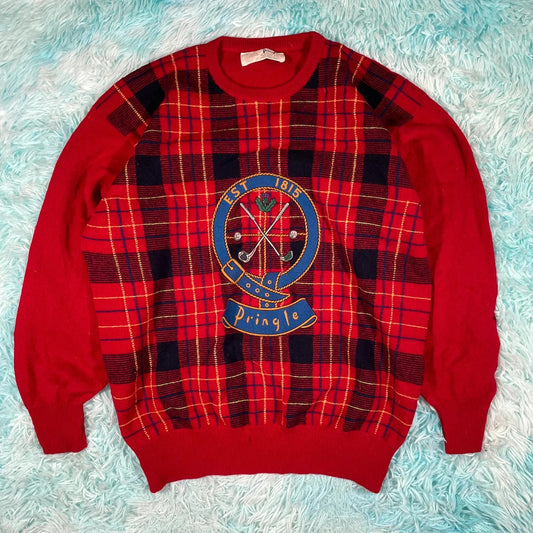 Vintage 90s Red Pringle Golf Tartan Jumper - M