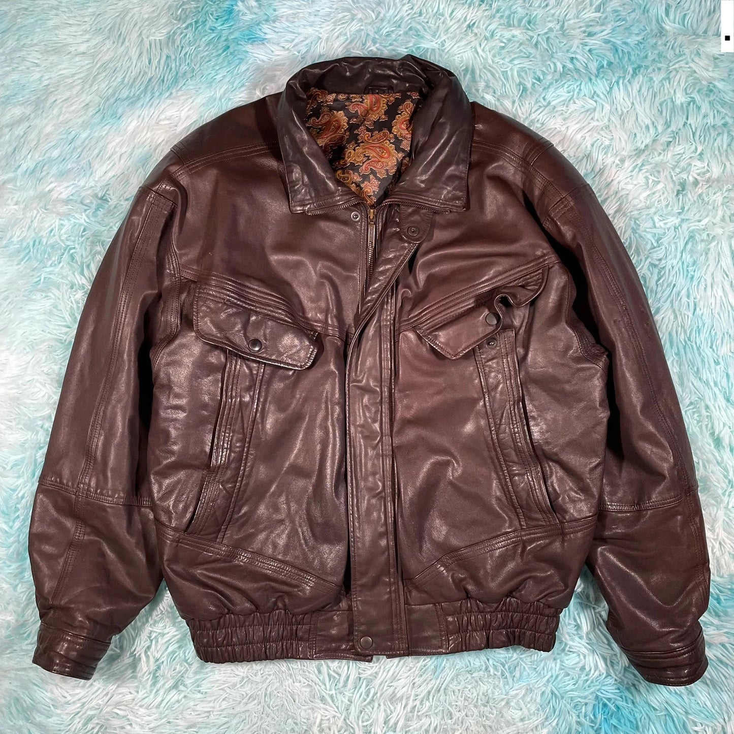 Vintage 90s Brown Leather Jacket Paisley Lining - Small