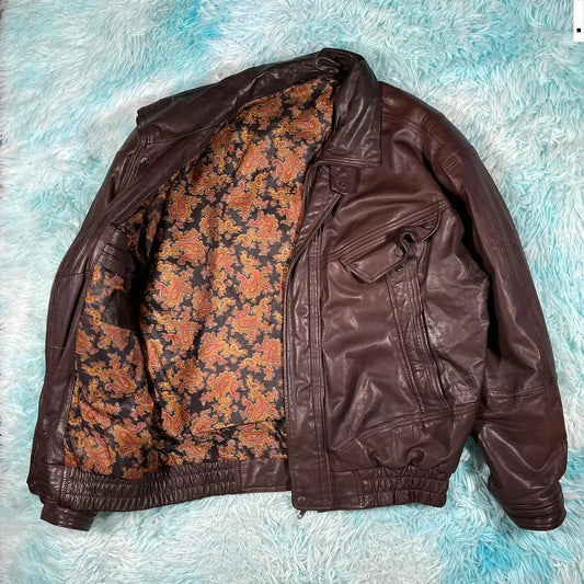 Vintage 90s Brown Leather Jacket Paisley Lining - Small