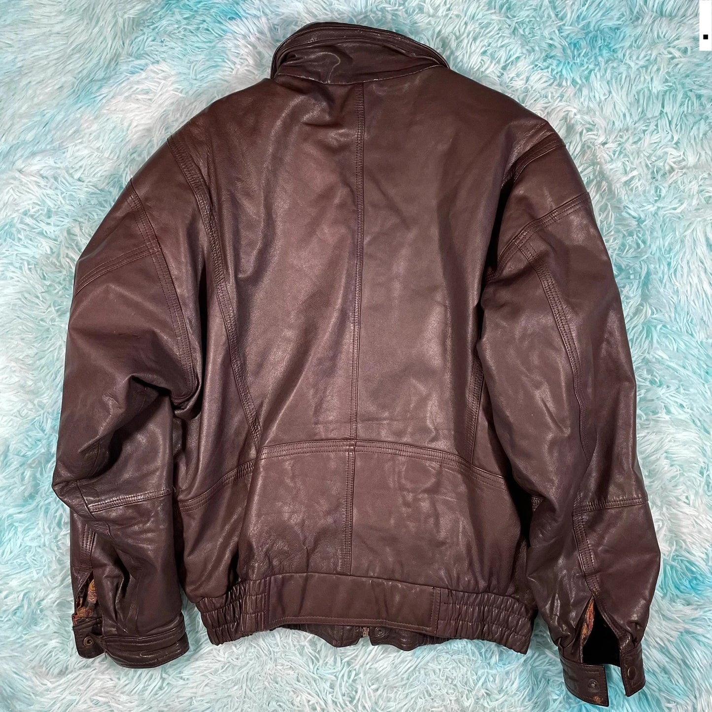 Vintage 90s Brown Leather Jacket Paisley Lining - Small