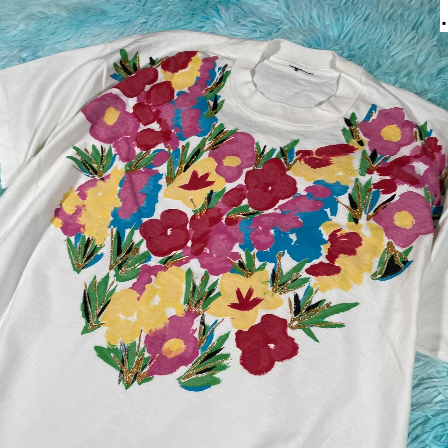 Vintage 80s White Floral Print T Shirt - Large