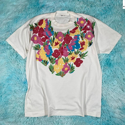 Vintage 80s White Floral Print T Shirt - Large