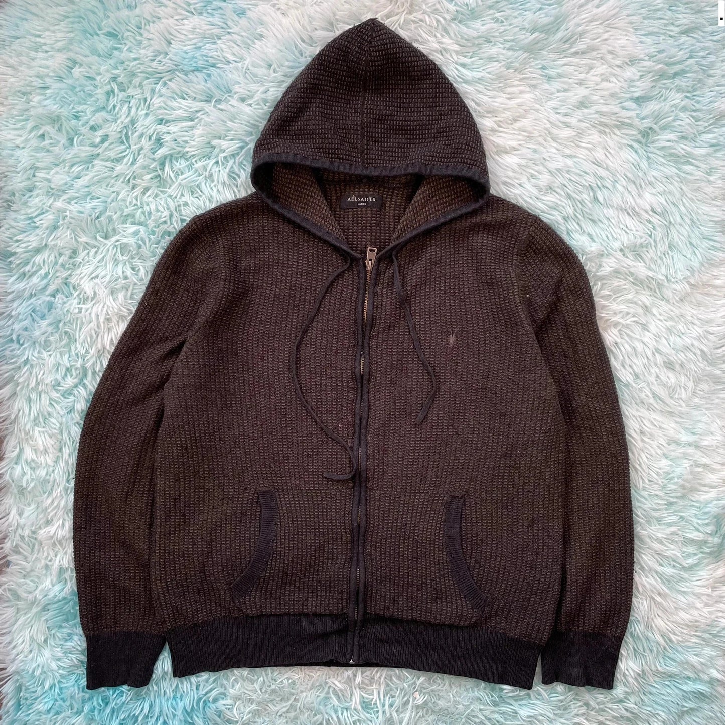 Dark Brown AllSaints Ribbed Knitted Hoodie Full Zip - Large