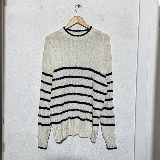 Cream & Navy Striped Gant Knitted Jumper Linen Blend - Large