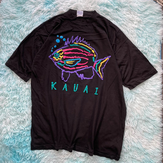 Vintage 90s Black Kauai Fish Graphic T Shirt - 3XL