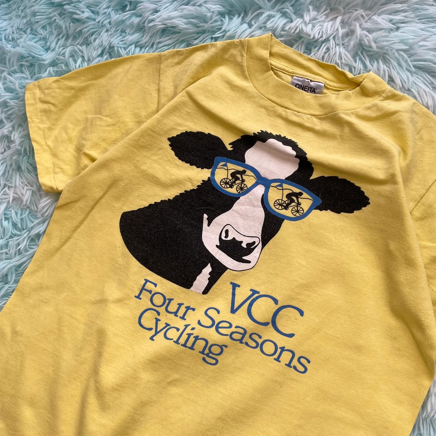 Vintage 90s Yellow Cycling Cow Graphic T Shirt - Medium
