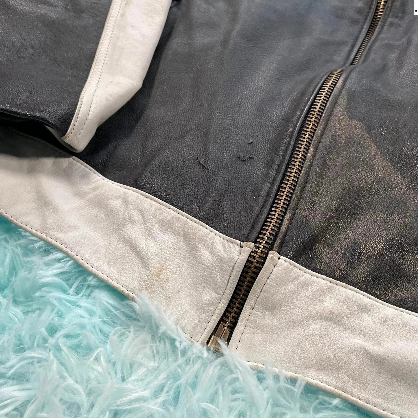Vintage 90s Black & White Leather Jacket - XL 44”