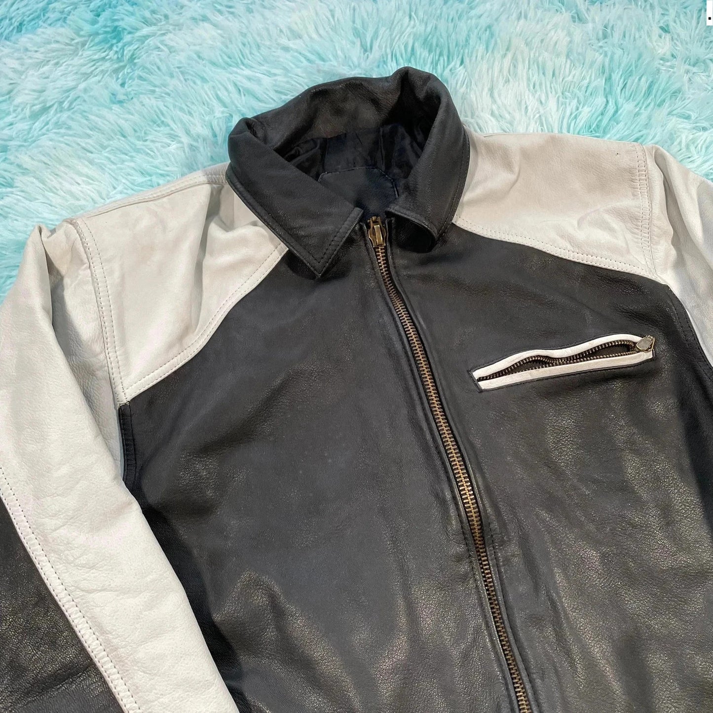 Vintage 90s Black & White Leather Jacket - XL 44”