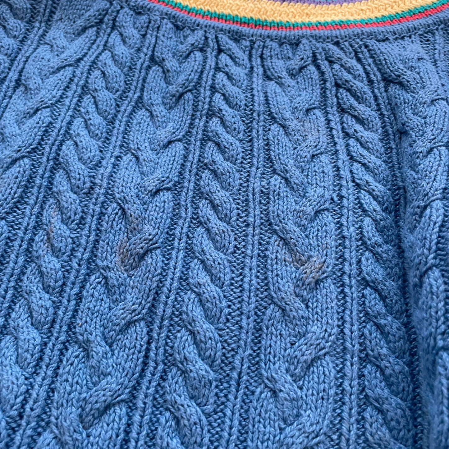 Vintage 90s Blue Cable Knit V Neck Jumper - Small
