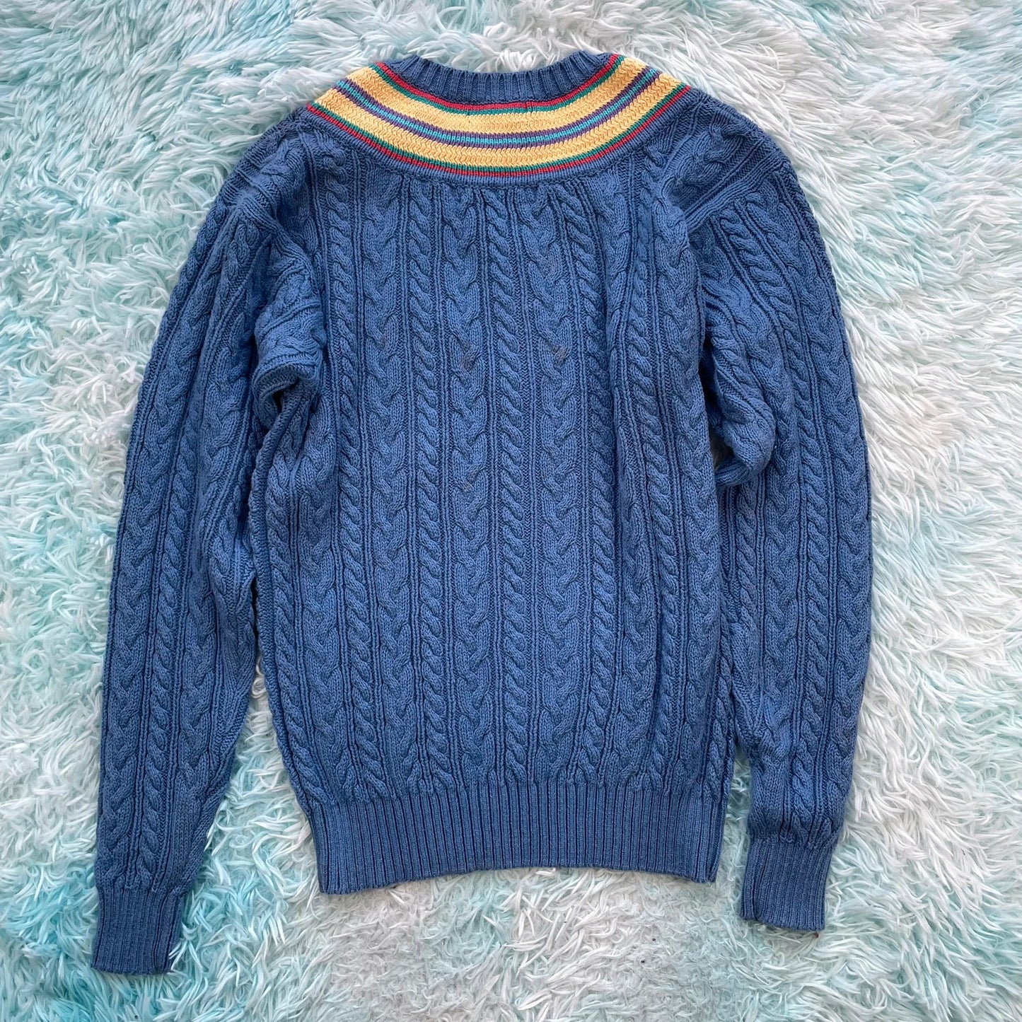 Vintage 90s Blue Cable Knit V Neck Jumper - Small