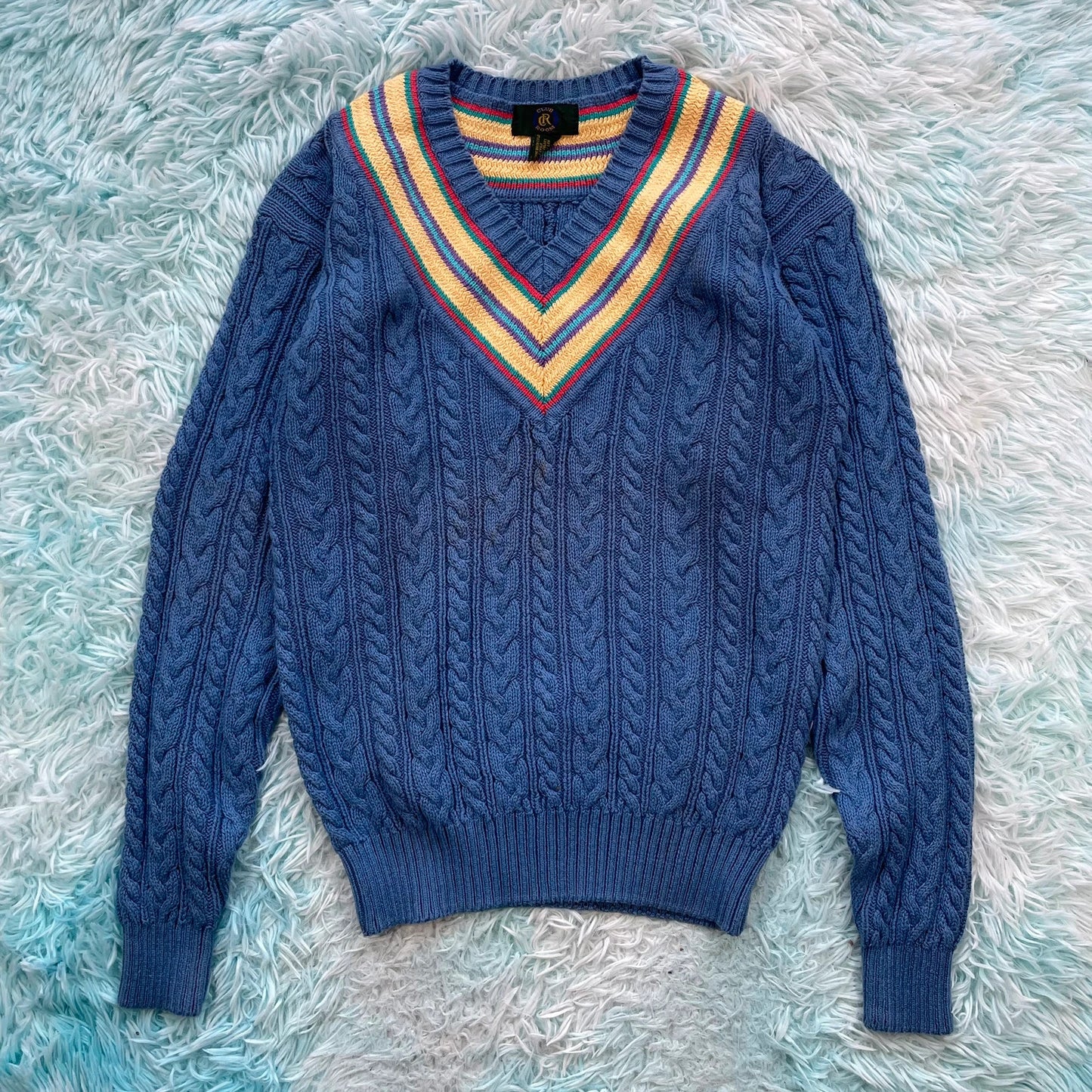 Vintage 90s Blue Cable Knit V Neck Jumper - Small