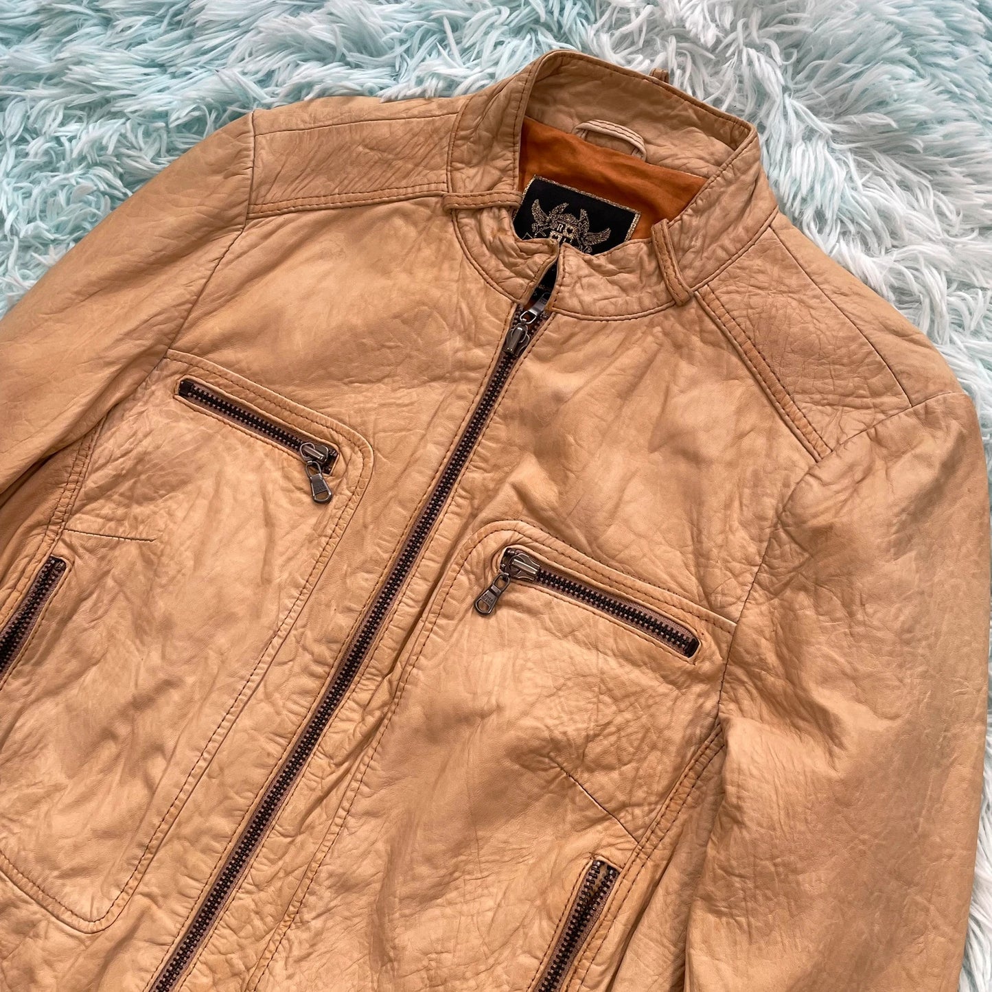 Vintage Tan River Island Fitted Leather Jacket - Size 16