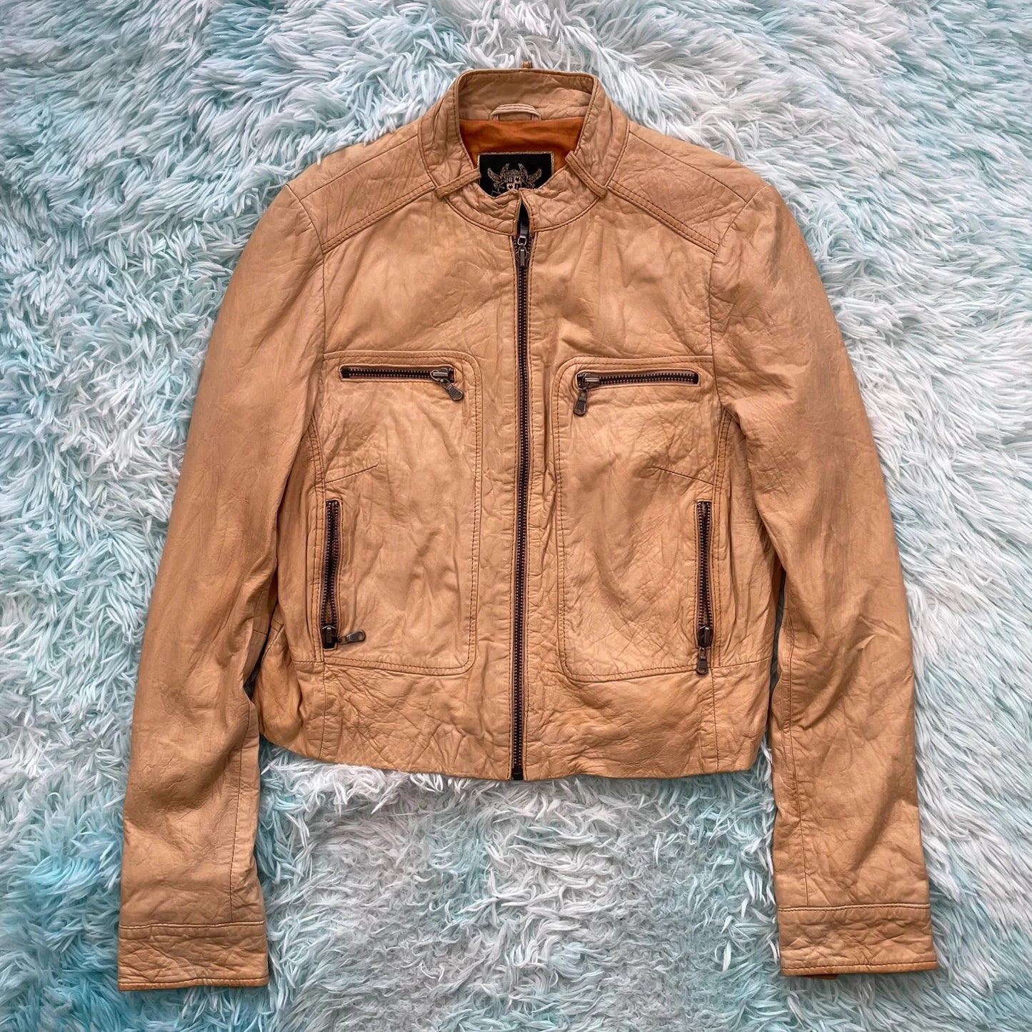 Vintage Tan River Island Fitted Leather Jacket - Size 16