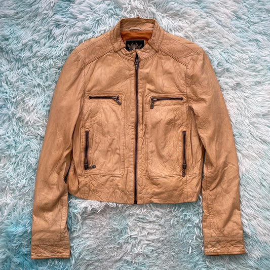 Vintage Tan River Island Fitted Leather Jacket - Size 16