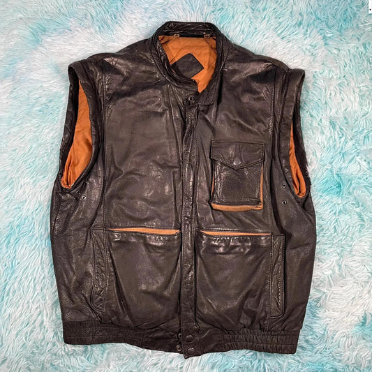 Vintage 90s Black Leather Vest Jacket - Large