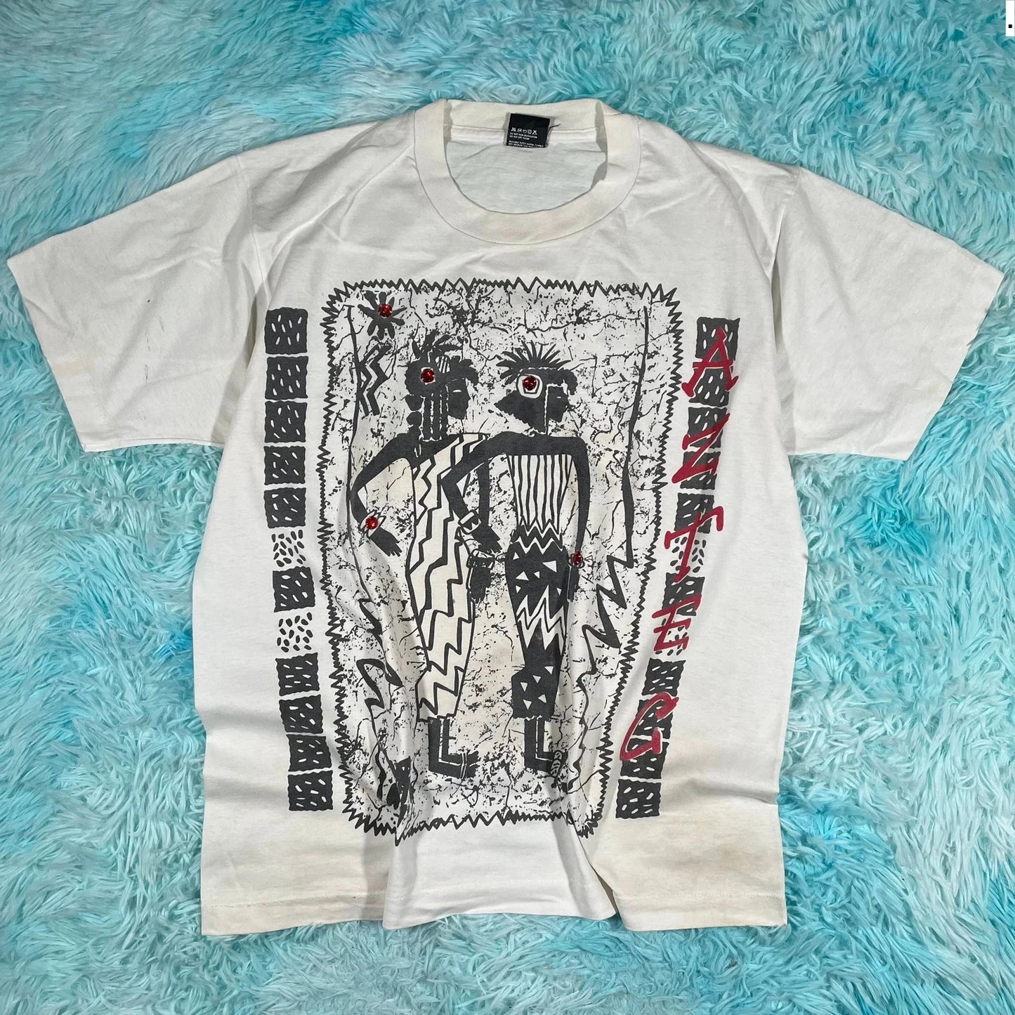 Vintage 90s White Aztec Graphic Print T Shirt - Xl