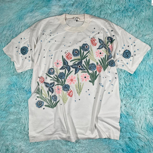 Vintage 80s White Floral Graphic T Shirt - Large