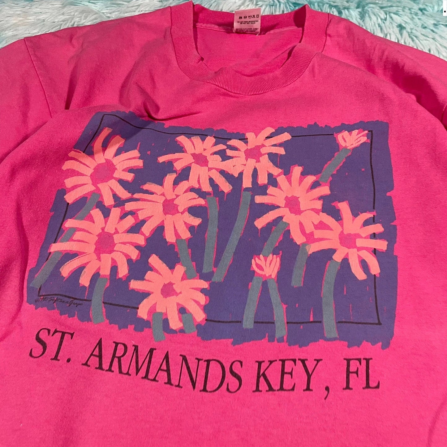 Vintage 90s Pink St Armands Key Florida Floral Graphic T Shirt - XL