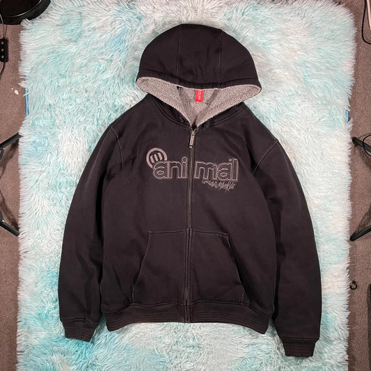 Black Animal Fleece Lined Hoodie Full Zip - Large