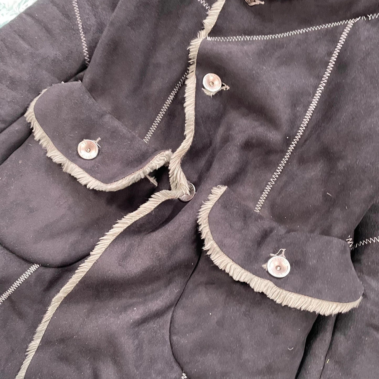 Vintage Black Diesel Faux Suede Fur Jacket - Large