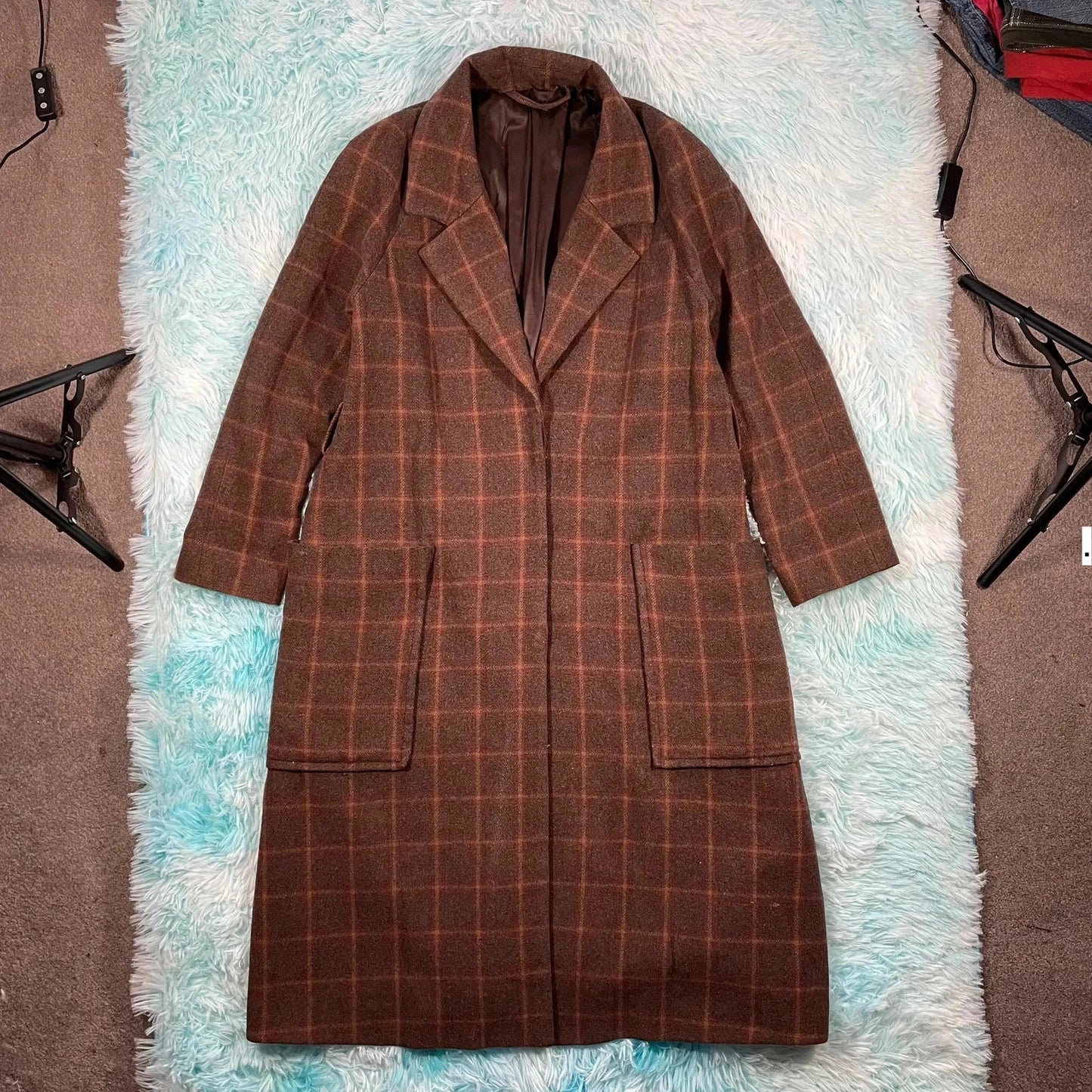 Brown Chequered Paris Atelier Wool Long Coat - Size 6