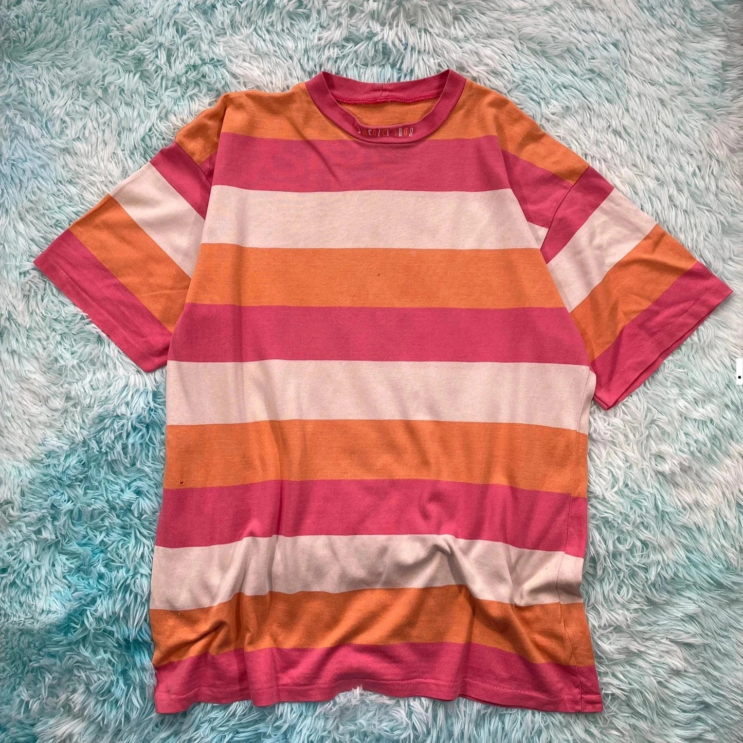 Vintage Peach & Pink Striped Sweater Shop T Shirt - XXL