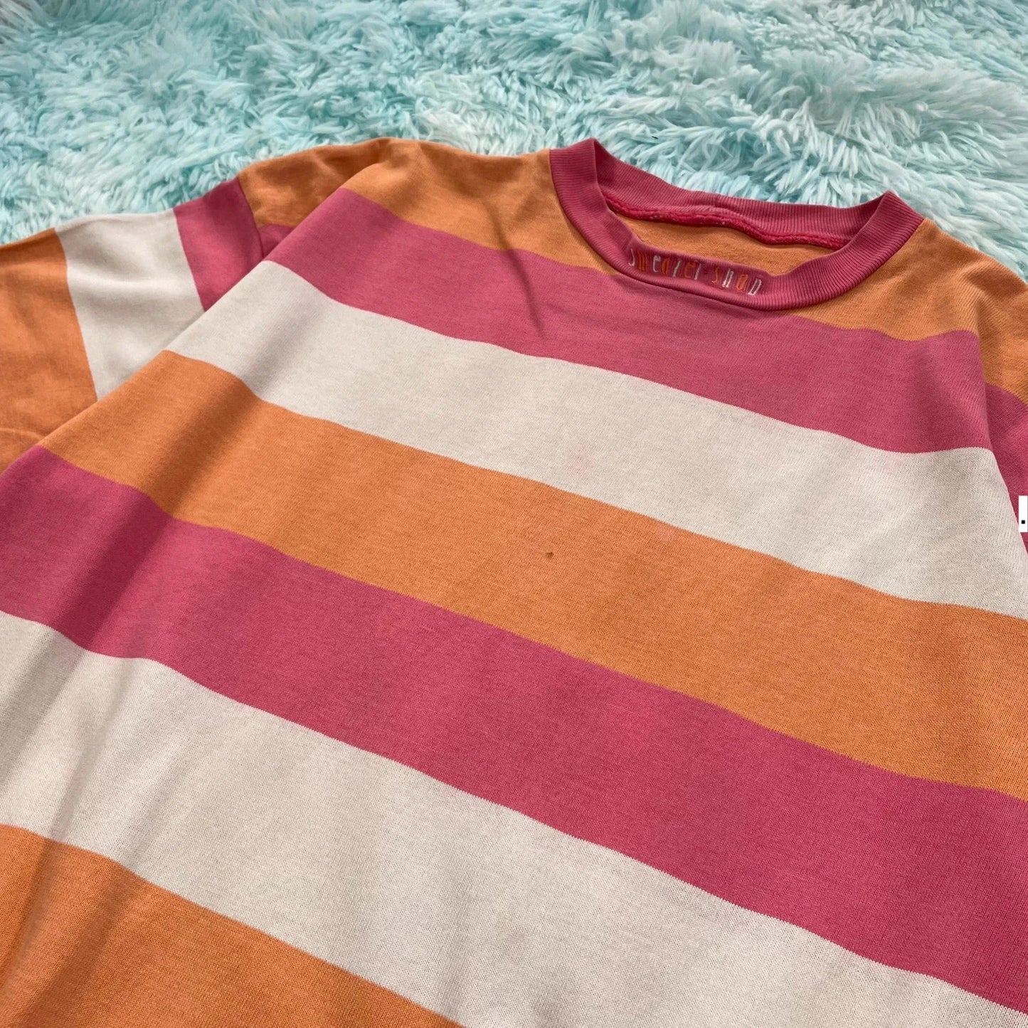 Vintage Peach & Pink Striped Sweater Shop T Shirt - XXL
