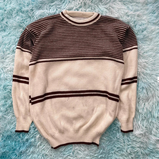 Vintage 90s Cream & Brown Chunky Knitted Jumper - Small