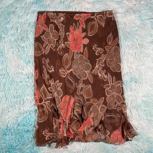 Vintage Brown Floral Pleated Skirt - Size 14