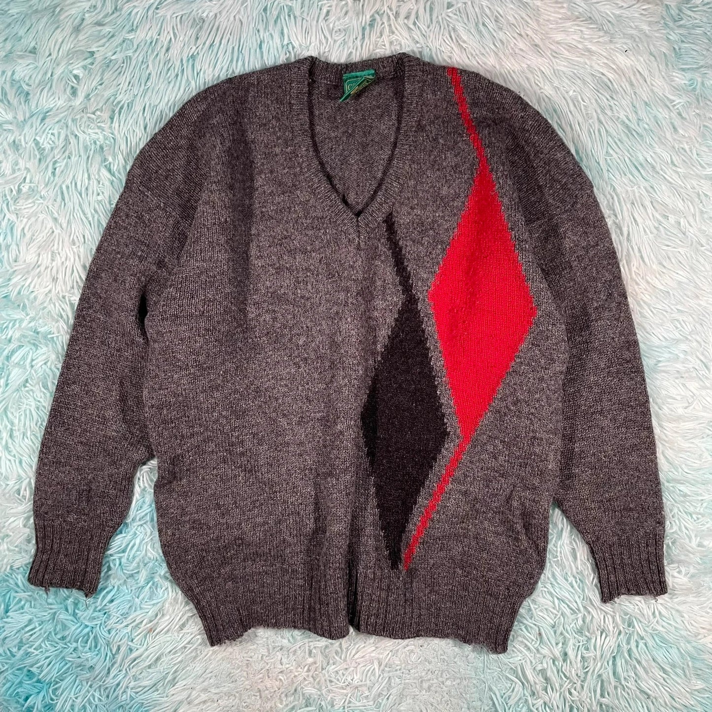 Vintage 90s Grey V Neck Wool Knitted Jumper - Medium