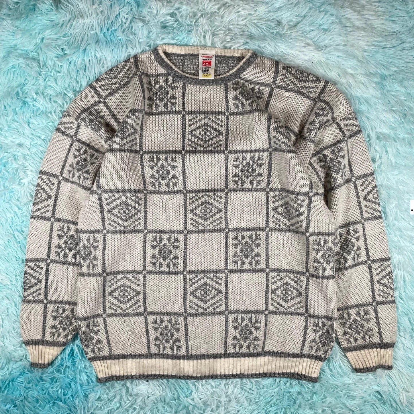 Vintage 90s Grey & Cream Grunge Patterned Knitted Jumper - Large