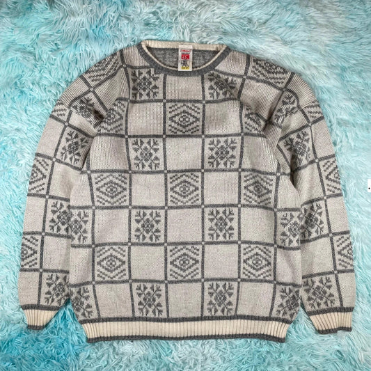 Vintage 90s Grey & Cream Grunge Patterned Knitted Jumper - Large