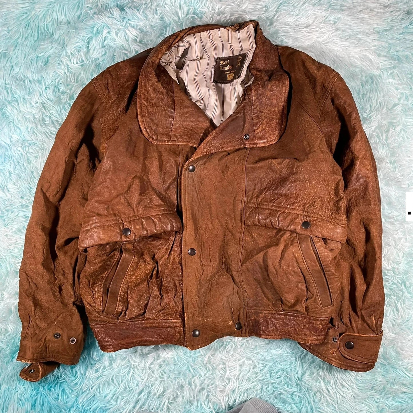 Vintage 90s Brown Leather Bomber Jacket - Medium