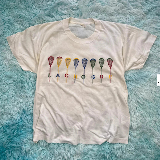 Vintage 80s White lacrosse Print T Shirt - Large